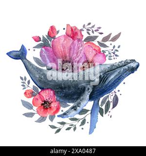 Whale composition with flowers and leaves watercolor hand drawn illustration isolated on white. Stock Photo
