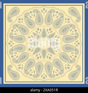 Scarf or bandana design with paisley mandala pattern and floral elements Stock Vector