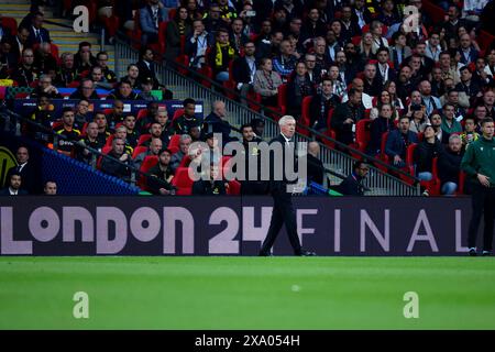 Carlo Ancelotti head coach of Real Madrid CF reacts during the 2023/2024 Champions League Final football match between Borussia Dortmund and Real Madri CF at Wembley stadium in London (England), June 1st, 2024. Stock Photo