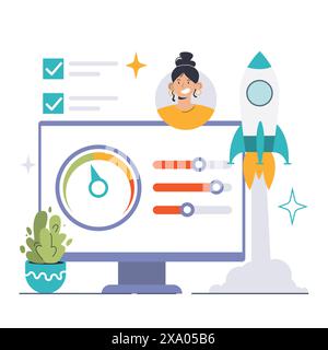 Webstie optimization concept. Launching websites to peak performance levels. Ensuring rapid loading and responsiveness. Flat vector illustration. Stock Vector