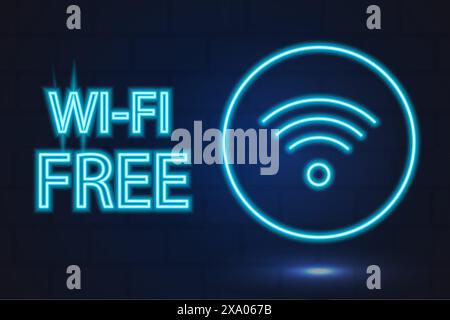 poster free wifi signal, connection, text blue neon glow, on the background of brick wall, for night club Stock Vector
