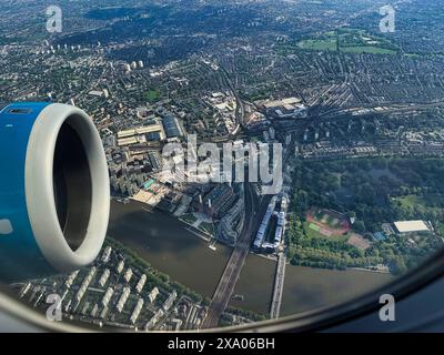 Over London, UK  - Battersea,  9th May, 2024 Aerial view over the Vauxhall, Nine Elms area of London, showing the USA Embassy, Covent Garden Fruit Mar Stock Photo