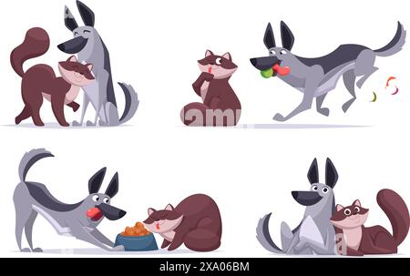 Cat dogs friendship. Domestic pets playing and hugging together exact vector animals friendship Stock Vector