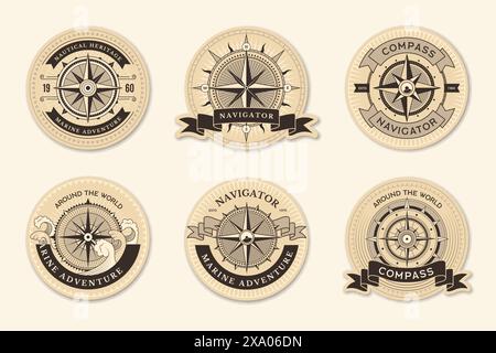 Compass badges. Marine nautical labels set with place for text recent vector illustrations set Stock Vector