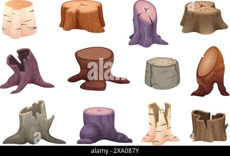 Wooden stumps. Clean cut down tree and old oak wooden stumps exact vector cartoon isolated illustrations Stock Vector