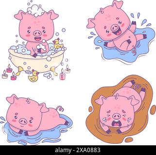 Cute funny bathing pig collection. Smiling piggy in bath, happy one is splashing in water and unhappy one is crying in dirty puddle. Isolated cartoon Stock Vector