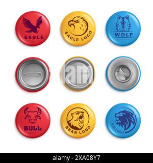 Realistic pin button animal badges collections stylized bird wolf eagle and bear Stock Vector