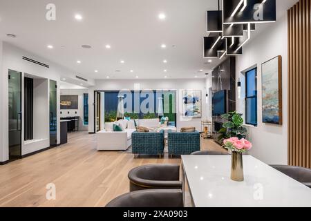 Bright, modern kitchen and living room with clean design and ample lighting Stock Photo