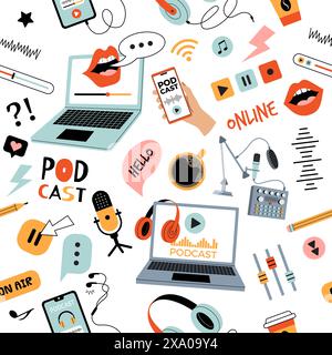 Podcast pattern symbols of video blogging audio broadcast pictures set laptop music headset vector seamless background Stock Vector