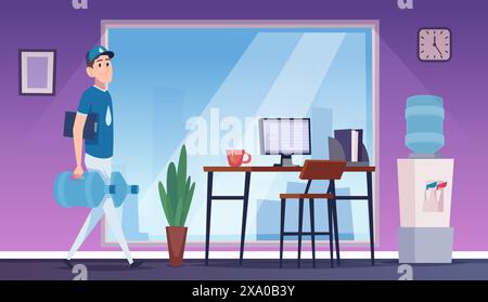Water delivery transport. Plastic bottles with water delivery service exact vector background in cartoon style Stock Vector