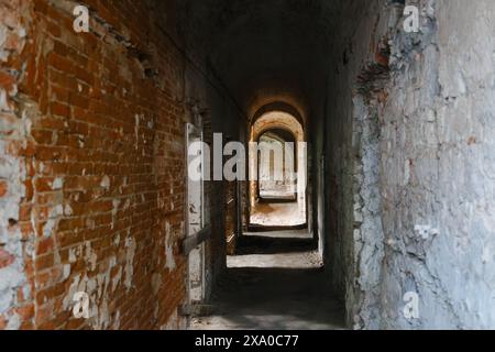 Indoor ruined brick premises with arches, doors and corridors. Old abandoned building. Peeling walls. Horror concept. Destroyed internal rooms. Tunnel Stock Photo