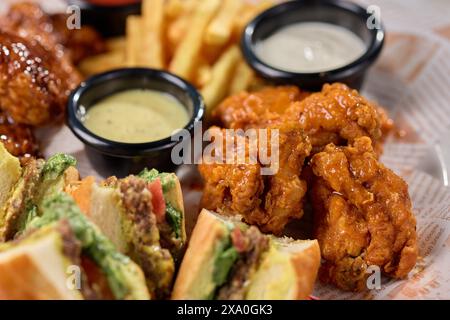 A tray with assorted sandwiches, dips, and wing platters Stock Photo
