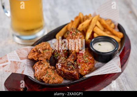 A spicy chicken wings and crispy fries on a tray with a beer in the background Stock Photo