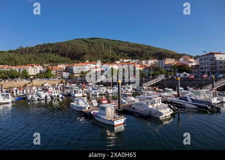 Spain, Galicia, Porto do Son, The Harbour (Porto de Porto do Son) with moored Fishing Boats Stock Photo