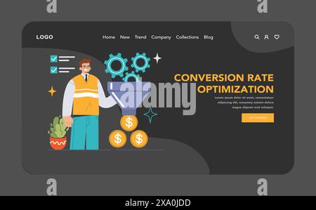 Website optimization dark or night mode web, landing. Turning traffic into value with strategic tweaks. Maximizing website conversion potential. Flat vector illustration. Stock Vector
