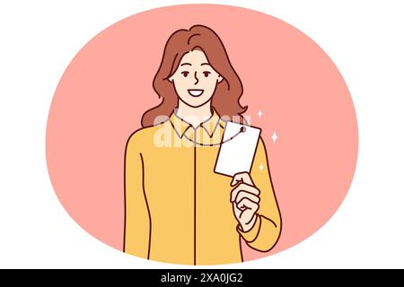 Successful woman demonstrates badge or ID card hanging around neck and giving access to restricted office space. Girl office worker with corporate designed to identify corporation employees Stock Vector