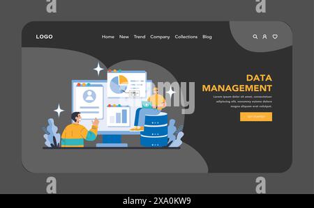 Data Management night or dark mode web or landing page. Efficient organization and analysis of digital information. Secure database systems and storage solutions. Flat vector illustration. Stock Vector