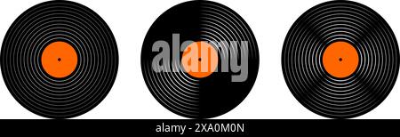 Set of vinyl records. LP or long play music plates for gramophone isolated on white background. DJ discs for techno party. 70s 80s 90s discotheque nostalgia concept. Vector flat illustration. Stock Vector