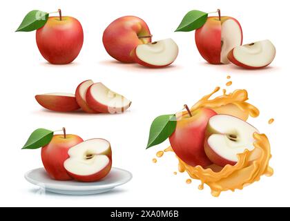 Red apple. Fruit juice, slice in transparent splash, half cut and whole fresh tree leaf, delicious food in drink water drops. Healthy vitamin vegetari Stock Vector