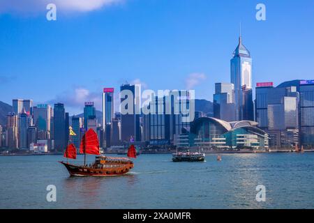 A Red Sail Junk in Hong Kong Harbour, Hong Kong, Hong Kong Special Administrative Region of the People's Republic of China, People's Republic of China Stock Photo