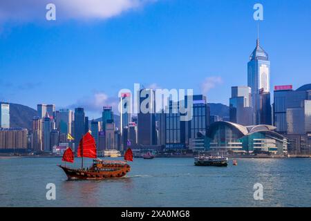 A Red Sail Junk in Hong Kong Harbour, Hong Kong, Hong Kong Special Administrative Region of the People's Republic of China, People's Republic of China Stock Photo