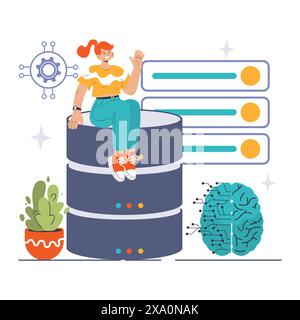 Deep Learning concept. A casual tech enthusiast sits atop a layered data structure, symbolizing complex AI algorithms. Flat vector illustration Stock Vector