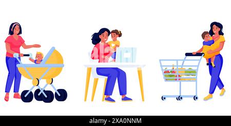 Mother, kids and baby set isolated on white background. Vector flat cartoon characters illustration. Women do shopping, work at home on laptop and wal Stock Vector