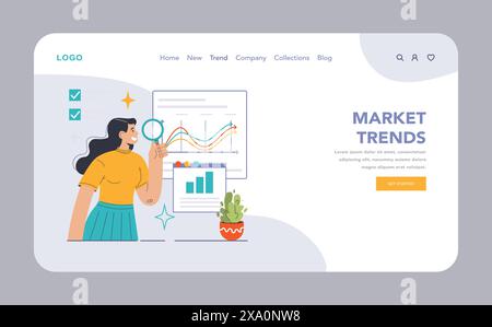 Market trends web or landing. Analytical woman scrutinizes growth charts on a digital board, highlighting business performance and niche market movements. In-depth research. Flat vector illustration. Stock Vector