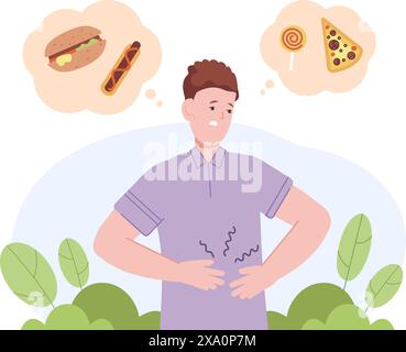Man thinking food. Hungry guy with ill stomach think nutritional tasty meal comparison, eat hamburger in thoughts bubbles unhealthy nutrition hunger concept vector illustration of problem with stomach Stock Vector