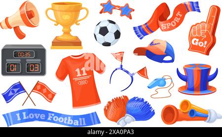 Fan attributes. Soccer cheer accessories, football support attribute fans hat scarf whistle trumpet megaphone sport sticker stadium game play collection, neat vector illustration of competition game Stock Vector