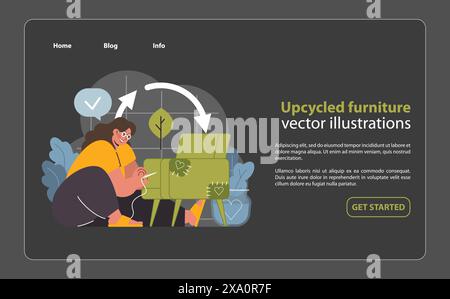 Upcycled Furniture Vector Illustration. An enthusiastic person adds a creative touch to upcycled furniture, depicting sustainable living through home decor innovation. Stock Vector