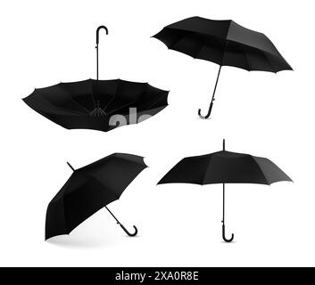 Realistic umbrella set. Parasol mockup, marketing branding isolated elements. View from different angles, open closed waterproof canopy. 3D folded ten Stock Vector