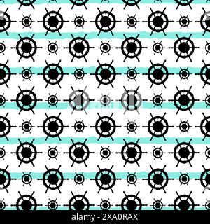 Vector seamless pattern with ship steering wheel or nautical boat helm black silhouette. Marine, sea traveling, Columbus Day striped repeat pattern de Stock Vector