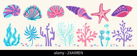 Sea shells, algae and corals hand drawn cartoon set. Sea bottom underwater elements seashells and seaweed algae, starfish and mollusk scallop. Aquarium or marine life vector clipart illustration Stock Vector