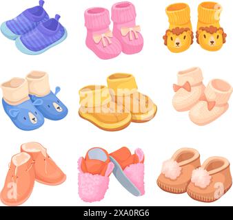 Baby booties. Child knitting socks toddler booty shoes, child boots infant knitted shoe babies shower gift for pregnant, newborn little footwear, cartoon neat vector illustration of knitted toddler Stock Vector