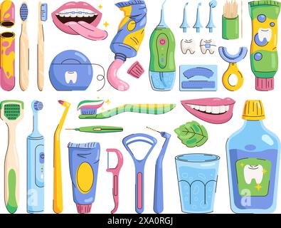 Mouth cleaning tools. Oral hygiene teeth care dental tools, mouthwash mint toothpaste flossing toothpicks toothbrush tooth brush floss medical accessory, swanky vector illustration of dental hygiene Stock Vector