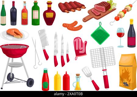 Barbecue grill. Cartoon bbq elements set, brazier coal kebab skewers ...