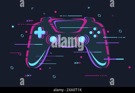 Glitch gamepad. Futuristic glitchy joystick cyber game zone logo gaming tournament poster, casual gamer controller light neon effect, esport action games neat vector illustration of console control Stock Vector