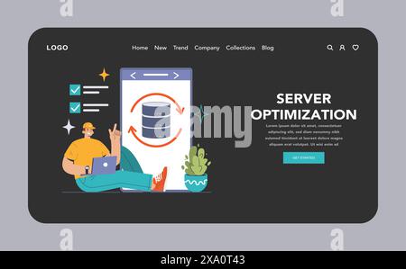 Website optimization dark or night mode web, landing. Streamlining data storage and retrieval processes. Enhancing server efficiency and performance. Flat vector illustration. Stock Vector