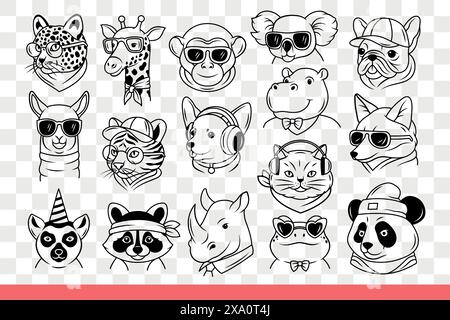 Muzzles of funny wild animals and domestic pets in human wardrobe items and headphones. Animals heads from zoological park, for design of children clothing or toys. Hand drawn doodle Stock Vector