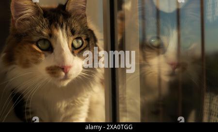 A Cute kitten enjoying sunset while relaxing at the window Stock Photo