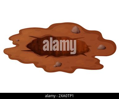 Deep hole in the ground with grass and stones. Brown soil, large cracks and ruins. Digging of sand coal waste rock. Detailed drawing in cartoon style Stock Vector