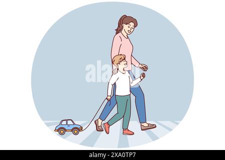 Happy mom and child going along pedestrian crossing across road walking through summer city. Little boy with toy car walks with nanny teaching how to cross intersection road correctly Stock Vector