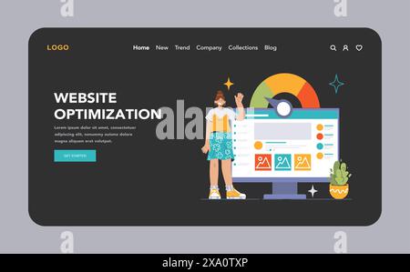 Website optimization dark or night mode web, landing. Monitoring and enhancing site speed. User-friendly interface with optimal functionality. Flat vector illustration. Stock Vector