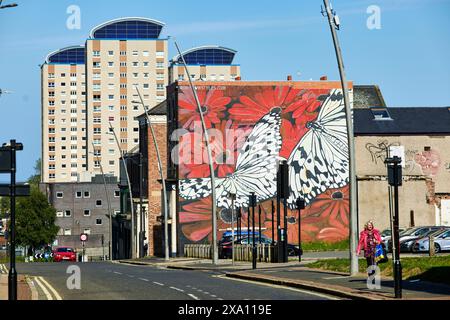Sunderland, Tyne and Wear, butterflies in Sunniside area by Street artist Frank Styles Stock Photo