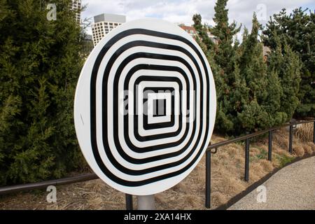 A circular black and white design with central square Stock Photo