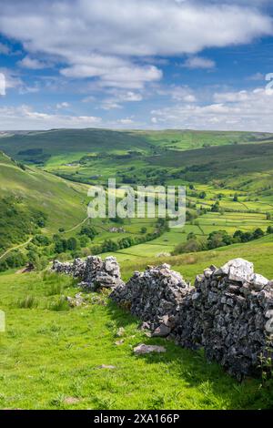 Looking down Swaledale from Kisdon Hill from above Muker in early summer. Yorkshire Dales National Park, UK. Stock Photo