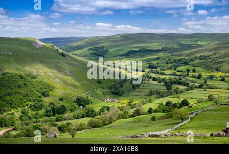 Looking down Swaledale from Kisdon Hill from above Muker in early summer. Yorkshire Dales National Park, UK. Stock Photo