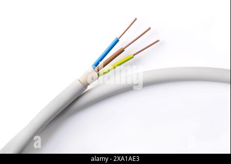 Electrical wires found in European houses after IEC standard color code. Yellow-green as protective, blue as neutral, brown as single-phase conductors. Stock Photo