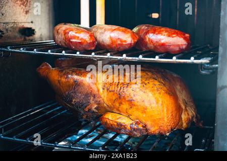 A close-up of a roasted turkey with sausages Stock Photo